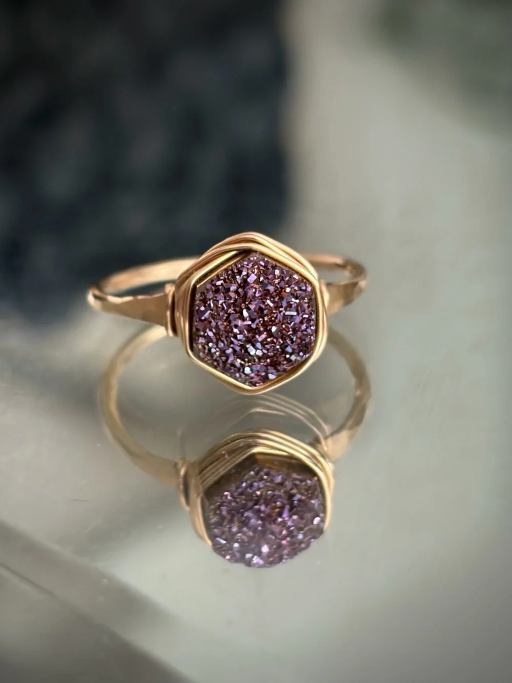 Rare: 14K Gold Fill Bezel Wrapped Hexagon Purple Druzy Ring, Size 7